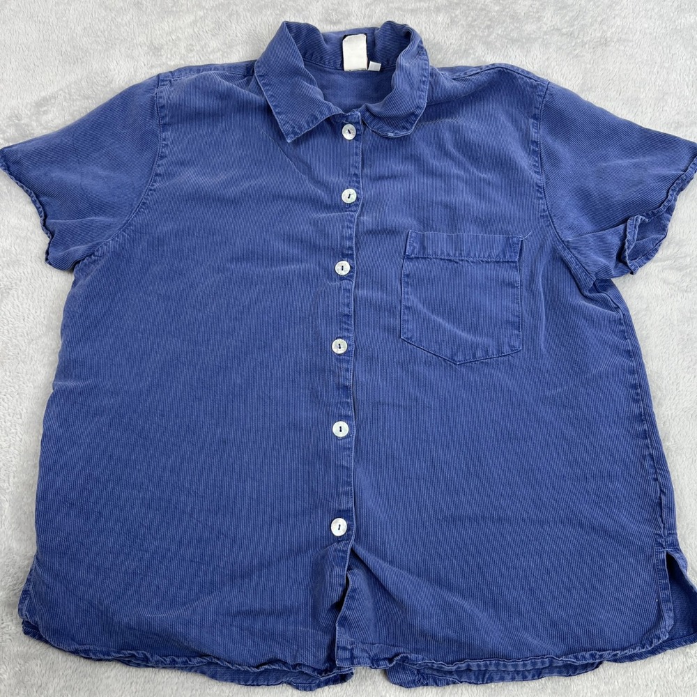 Ojai Tencel Ribbed Button Up Shirt L Blue Short Sleeve Corduroy Coastal USA Made